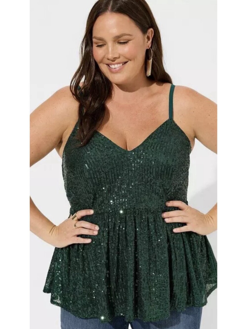 Torrid Peplum Sequin V-Neck Tank Emerald Green Botanical Garden Sz 0 Large Party